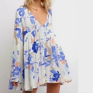Free People Bella Dress Blue and Cream Floral Long Sleeve Dress